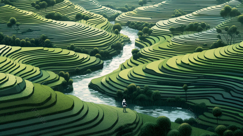 站在崇山峻岭间的梯田和小河的男孩插画,插画/手绘图,插画/手绘图库,插画/手绘图下载,插画/手绘